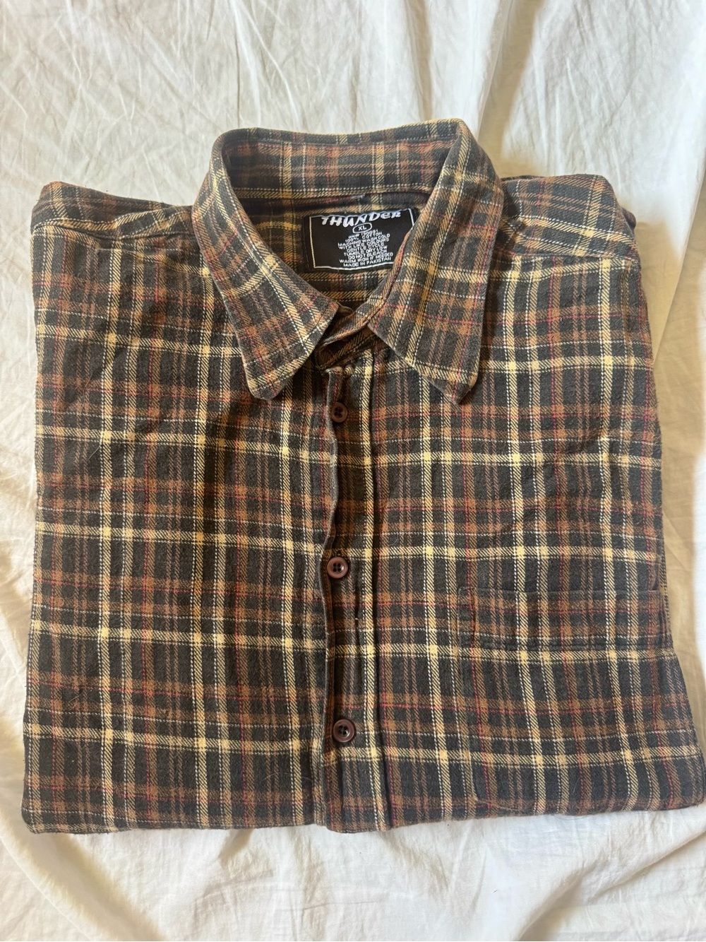 Vintage Thunder Plaid Flannel Shirt Men's XL Grunge Cabincore Workwear Grey Red